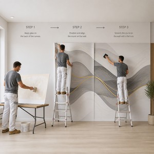 <span class=keywords><strong>Papier</strong></span> <span class=keywords><strong>peint</strong></span> mural personnalisé gris vague ligne dorée toile huilée abstraite motif ruban pour hall, bureau, club - Product Image 5