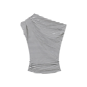 T-shirt da <span class=keywords><strong>Donna</strong></span> Personalizzabile con Logo, Top Corto <span class=keywords><strong>a</strong></span> <span class=keywords><strong>Righe</strong></span> <span class=keywords><strong>Bianche</strong></span> <span class=keywords><strong>e</strong></span> <span class=keywords><strong>Nere</strong></span>, Spalle Scoperte, Cotone 200GSM, Arricciato, Vestibilità Slim - Product Image 5