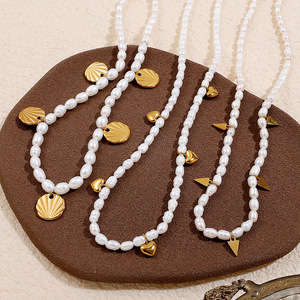 Collar de perlas de agua dulce con colgante de acero inoxidable de lujo, chapado en oro de 18k, estilo francés, para mujer. - Product Image 3