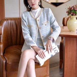 Abbigliamento Casual a girocollo tinta unita personalizzato autunno Mini gonna con bottoni Blazer lungo elegante Set 2 pezzi completo <span class=keywords><strong>Tweed</strong></span> da donna - Product Image 3