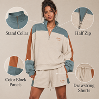 Conjunto de Dos Piezas OEM para Mujer, Sudadera de Algodón con Cierre de Cremallera, Color Marfil, con Paneles en Contraste Teal y Tan, y Pantalones Cortos Casuales de Verano