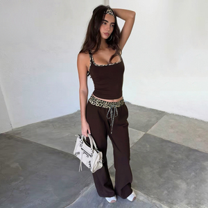 Women 2 Piece <b>Set</b> Leopard Trim Camisole Top High Waist Drawstring Wide Leg Pants Casual Sexy Summer Outfit <b>Set</b> - Product Image 5