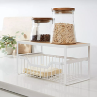 Organisateur de cuisine à domicile, comptoir décoratif, organisateur de bar à café, étagère de rangement avec panier coulissant et plateau en bois