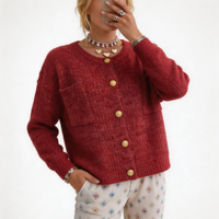Cardigan en maille torsadée à col rond pour femme, rouge, avec boutons dorés, poches, coupe ample, court, manches longues, pour l'automne et l'hiver