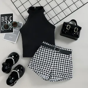 Hot sale Fashion Summer Ribbed Solid Color Tank Tops Plaid Shorts Waist Belt Children toddler Kids Girls Clothing Sets