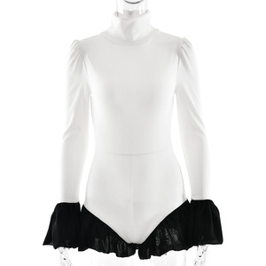 Combinaison en tricot pour femme avec volants, coupe ajustée, manches longues, col haut, patchwork blanc et bordeaux, mode automne-hiver - Product Image 5