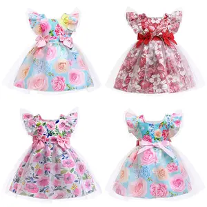 M2029 vendita calda bambini sera Party Ball Gown Tulle Ruffle Sleeve Satin Bow Fancy Princess Frock Flower Girl Dresses