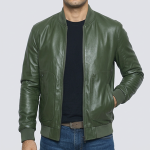 Chaqueta Bomber de Cuero PU Verde para Hombre, Cuello Camisero, Cierre de Cremallera, Estilo Casual para Otoño - Product Image 1
