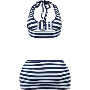 KY Women Navy <strong>White</strong> Striped Halter <strong>Bikini</strong> <strong>Set</strong> Buckle Front Crop Top Irregular Mini Skirt 2 Piece Beach Swimsuit - Product Image 2