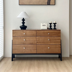 Solid Oak Six Drawer Chest With Glass Top Eco Friendly Entryway Cabinet For Dining Room - Product Image 1