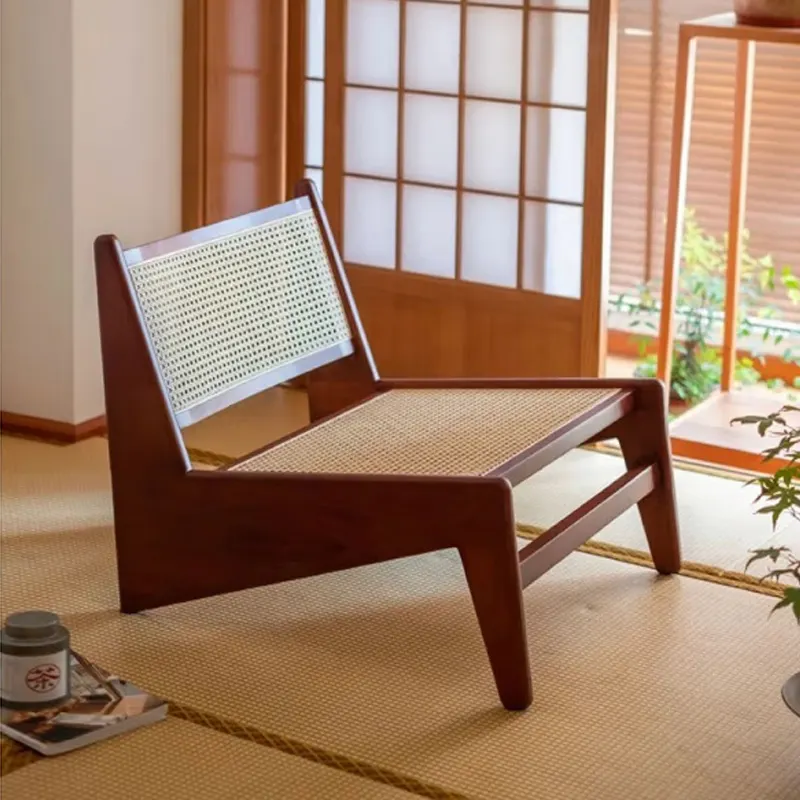 Sofá individual de mimbre de madera maciza de estilo japonés, silla retro para exteriores, patio, bastón, sillas de salón