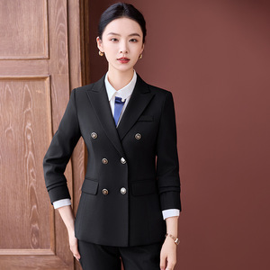 Women's Dark Blue Double-Breasted Suit Set Full Sleeve Polyester Formal Work Wear Spring Autumn Anti-Wrinkle - Product Image 3