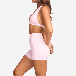 Customize Stretchy Halter Sports Bra Women <b>Sweat</b>-Wicking Lightweight Yoga Shorts Activewear 2pcs Workout Yoga <b>Set</b> - Product Image 5