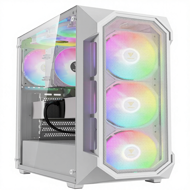 GAMDIAS White ATX Mid-Tower Gaming PC Case Tempered Glass 4x 120mm ARGB Fans 6x 120mm Fan Support 360mm AIO/Radiator 340mm