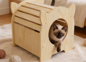 Nichoir pour chat en bois massif respirant à lattes creuses, avec entrée, lit de repos privé, robuste, pour intérieur, toutes saisons - Product Image 2
