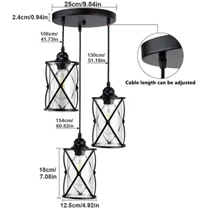 Farmhouse Style 3-Light LED Cage Pendant Chandelier with Glass Shade for Kitchen Dining and Living Room for Restaurants