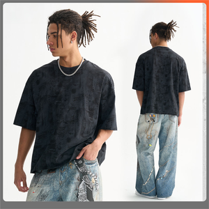 卸売印刷デニムスタイルダメージ加工クロップドフィットオーバーサイズメンズTシャツ、デニム柄ブラックブルーホワイトファッションTシャツ - Product Image 2