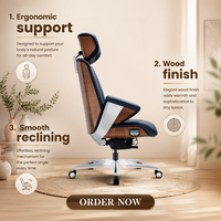 Chaise de bureau ergonomique de direction avec structure en bois, siège noir, base en aluminium, roulettes pivotantes, siège de bureau durable pour manager