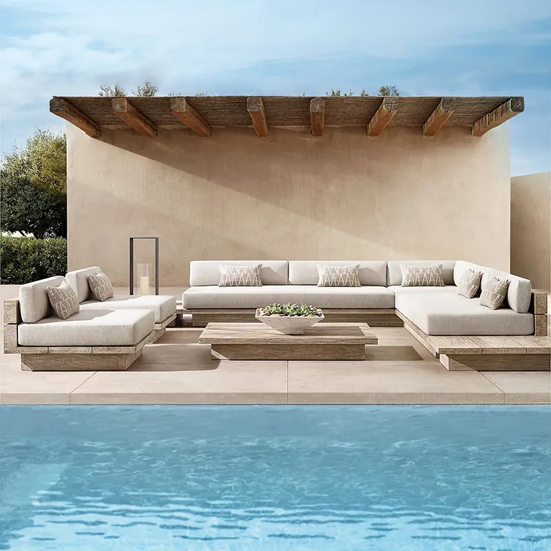 Furnitur luar ruangan Modern Sederhana tahan cuaca kain tahan Air Set Sofa jati taman teras udara terbuka