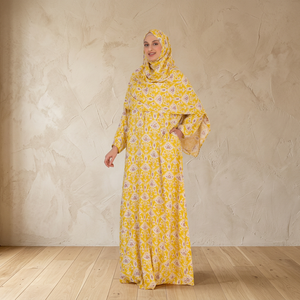 Vestido de Oración Amarillo Modesto para Otoño, para Mujeres del Medio Oriente, de Rayón, Manga Corta, Largo a Media Pantorrilla, Colección Sanash, Hecho a Mano, Hermoso - Product Image 2