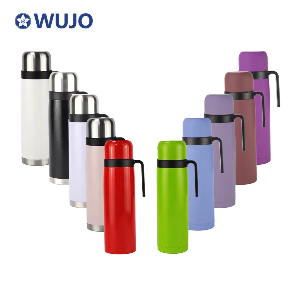 WUJO Manufacturer Matte Polish Hot Vacuum Bottle Stainless Steel Termo de Agua Thermos with Handle and Cup