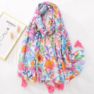 New Arrival Custom Korean Style Women Large Pink Blue Flower Printed Beach Shawls Wraps Ladies Soft Cotton Viscose Scarves