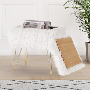 JS Customized Faux Fur Ottoman Footstool <strong>Small</strong> Bedroom <strong>Pouffe</strong> with Gold Metal Legs Accent Stools &amp; Ottomans - Product Image 3