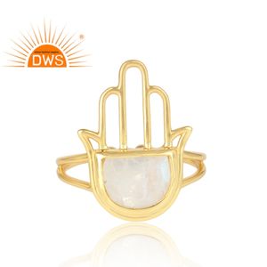 Bague en pierre de lune arc-en-ciel en gros, design main de Hamsa, plaqué or 14 carats, argent 925, bague à bande réglable, bijoux - Product Image 2