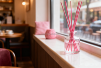 Diffuseurs de bâtonnets aromatiques en fibre désodorisants en gros, avec des bâtonnets en rotin rose, et le diamètre et la longueur peuvent être personnalisés.