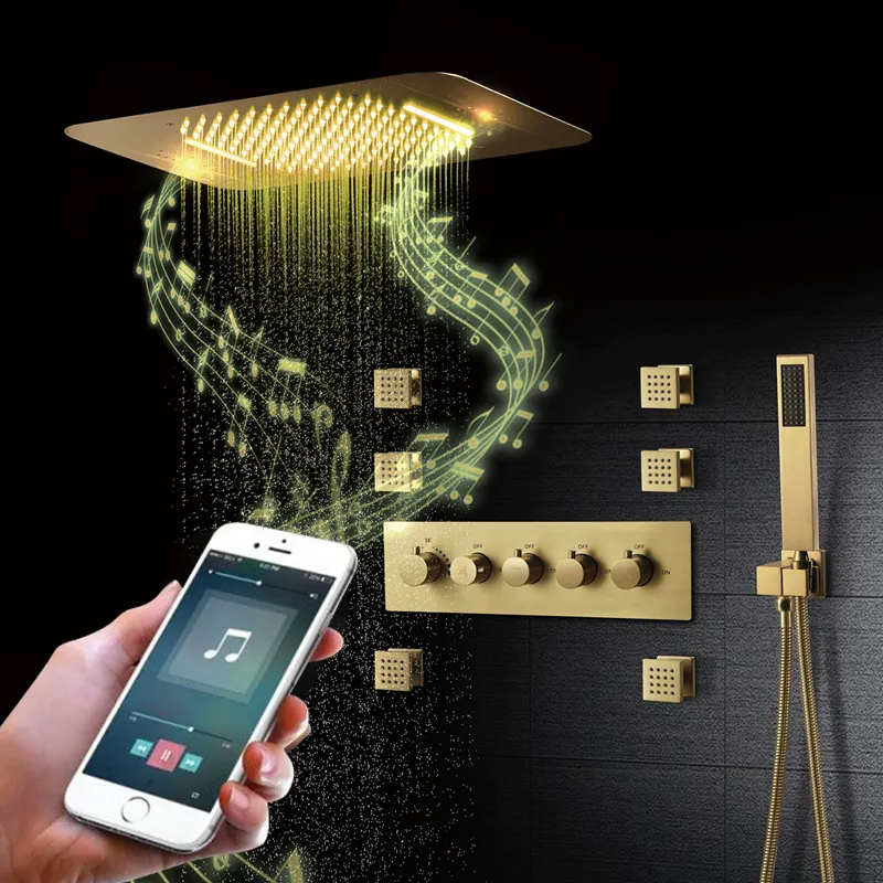 Ceiling 58*38cm rain and waterfall LED music shower head brass main body thermostatic bathroom Brushed gold shower faucet set