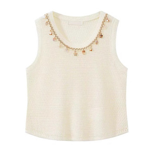 Gilet sans manches en maille ajourée pour femme, couleur unie jaune, fin, en polyester, idéal pour l'été - Product Image 2