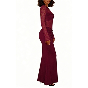 Robe longue en dentelle bordeaux pour femme, manches longues, détail corsage en dentelle transparente, robe de soirée élégante - Product Image 4
