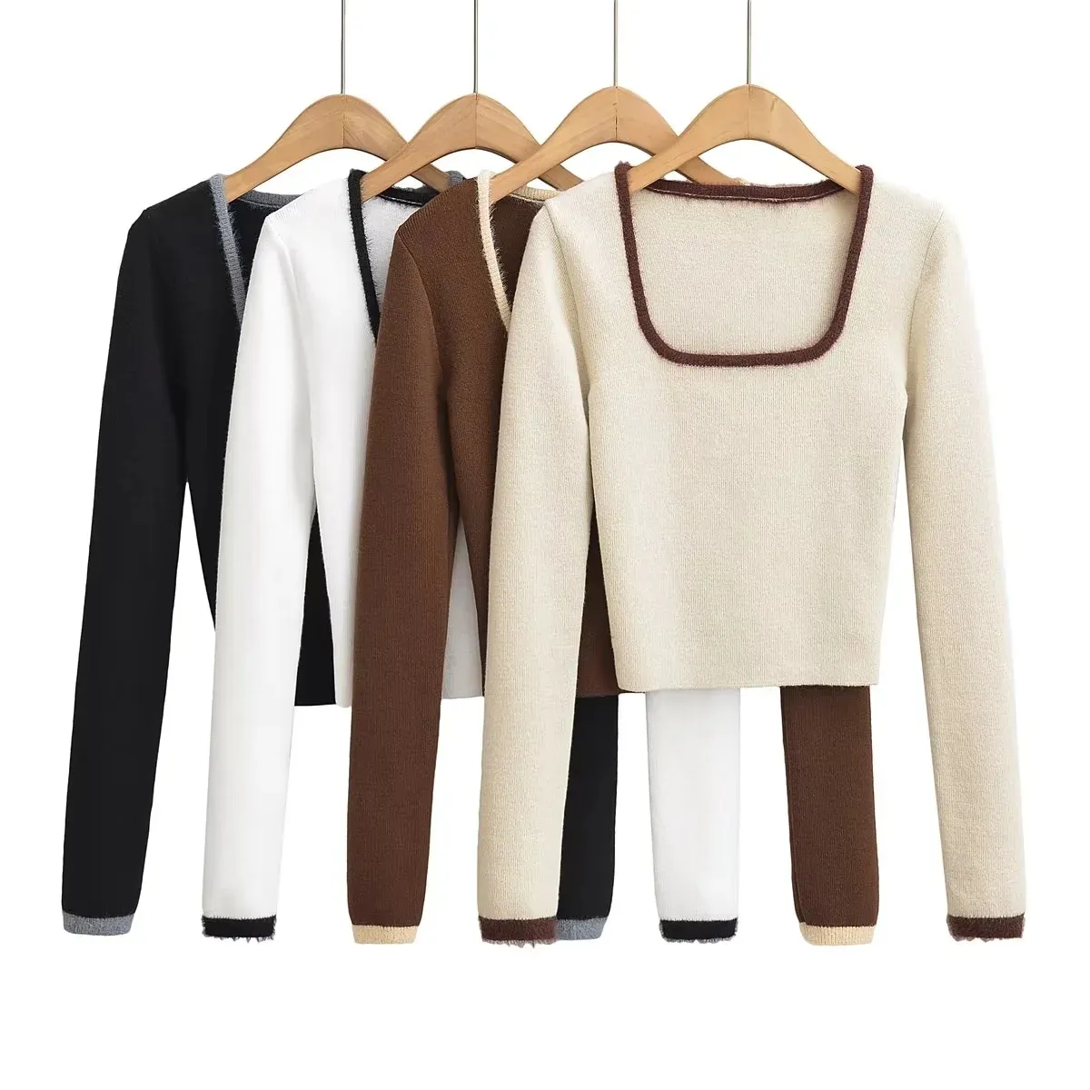 4 colorway square collar long sleeve solid color knitted casual fashion women's sweater