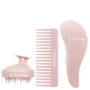 Pink ABS Material 3PCS Hairbrush Set With Wide Tooth Detangling Comb Scalp Massager Shampoo Brush For Wet Dry curly Hair