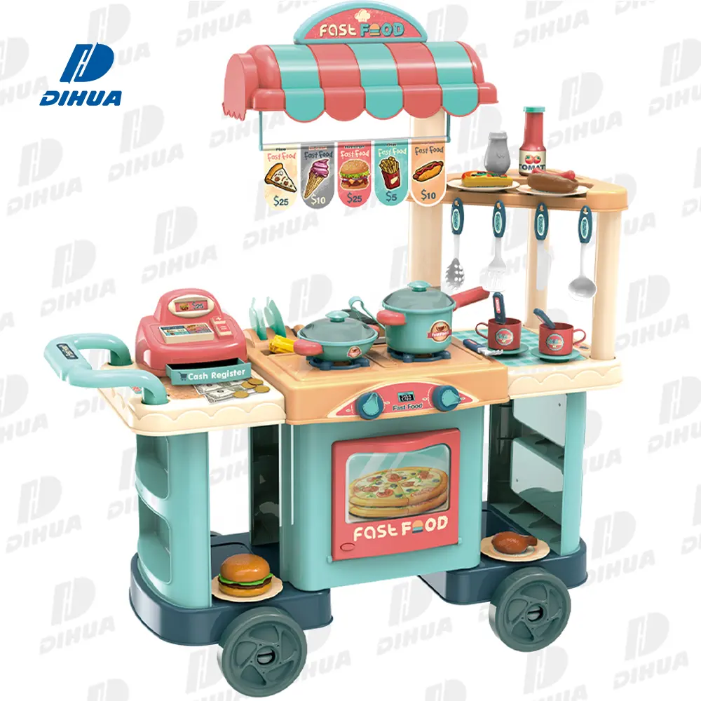 Kitchen Play Set Pretend Play Kitchen Toy Set Push Food Cart Kids Kitchen Set for Kids Girls and Boys