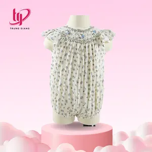 TG kız giyim için büzgülü çocuk elbisesi Romper bebek kız kısa el Smock pamuk çiçek yaz özelleştirilmiş OEM ODM