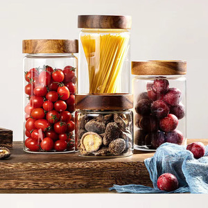 Pot de stockage en verre en bois d'acacia Bouteille scellée en verre de qualité alimentaire pour la cuisine pour les <span class=keywords><strong>feuilles</strong></span> de thé séchées Mandarine Peler le stockage des aliments - Product Image 4