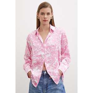 Camisa de Satén con Estampado de Cuernos para Mujer, Estampado Floral, Cierre de Botones, Uso Diario Informal, Color Rosa - Product Image 6