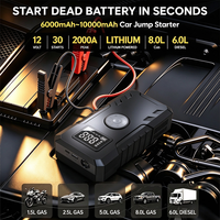 SHARMEAL Démarreur de Batterie de Voiture Portable 12V, Démarreur d'Urgence 6000mAh, Power Bank avec Pompe à Air et Cric