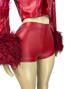 Completo Autunnale da Donna Sexy in Ecopelle con Motivo Peloso Giacca a Maniche Lunghe e <span class=keywords><strong>Shorts</strong></span> Aderenti Set Due Pezzi - Product Image 5