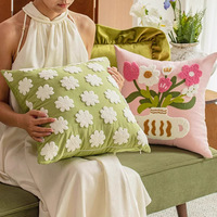 Housse de coussin de canapé carrée américaine en polyester/coton avec broderie lourde, fermeture éclair, style pastoral vert pour salon