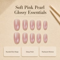 T1791 Kaixin Faux ongles à presser, forme ellipse moyenne, rose doux, nacré scintillant, effet œil de chat, style French, pour fêtes