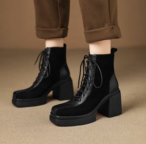 Chaussures en cuir pour femmes, à semelle épaisse, en cuir de vache et peau de mouton, style business casual, respirantes et imperméables. Bottines western - Product Image 5