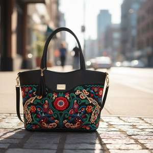 Bolso Tote Casual para Mujer Fana Kaia con Bordado, Forro de Cuero PU, Cierre Abierto, Color Negro, Bolso de Hombro a la Moda - Product Image 2