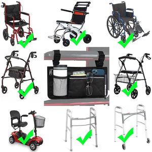 Sac de rangement latéral pour accoudoir de fauteuil roulant, organisateur suspendu noir pour les voyages, forme rectangulaire avec plusieurs poches - Product Image 3