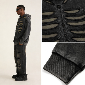 هودي رجالي كبير الحجم بتصميم جمجمة عتيق عالي الجودة مع سحاب أمامي وتشطيب ممزق بتأثير الغسيل الحمضي - Product Image 2