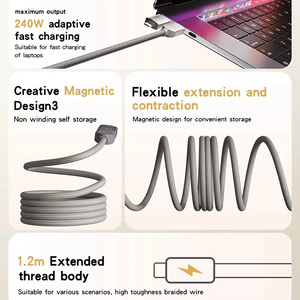 Cable de Datos Magnético de Carga Rápida de 240W con Trenzado de Nailon para <span class=keywords><strong>iPhone</strong></span>, Cable de Carga Rápida 4 en 1 <span class=keywords><strong>USB</strong></span> <span class=keywords><strong>C</strong></span> de Nailon para Samsung - Product Image 4