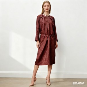 Vestido Holgado de Ramio Borgoña con Cintura Ajustable - Vestido Retro Elegante de Longitud Media para Oficina y Casual - Product Image 3