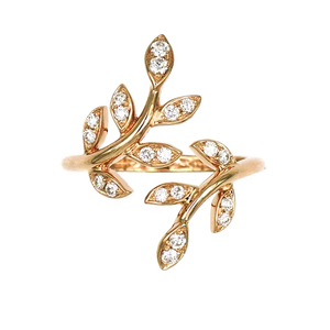 Bague ouverte en or rose 18 carats avec pavé de diamants, motif double feuille, bijoux de luxe romantiques d'inspiration naturelle pour femmes - Product Image 1