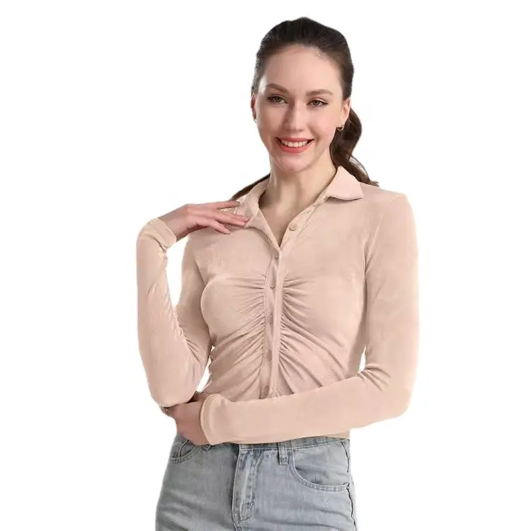 Women's Button Down Long Sleeves Ruched Waist Crop Work Office Casual Collared Shirt
